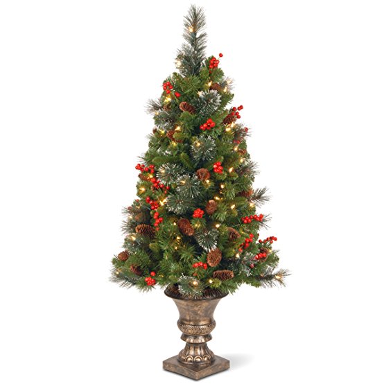 National Tree 4 Foot Crestwood Spruce Entrance Tree with Cones, Glitter, Red Berries, Silver Bristle and 100 Clear Lights in Decorative Urn (CW7-306-40)