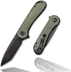 CIVIVI Flipper Folding Pocket Knife, 2.96" D2 Blade Micarta Handle, Elementum Tanto Liner Lock Knife with Deep Carry Pocket Clip C907T-E