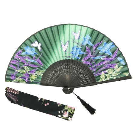 OMyTea® Hand Held Silk Folding Fan with Bamboo Frame - With a Fabric Sleeve for Protection for Gifts - 100% Handmade Oriental Chinese / Japanese Vintage Retro Style - For Women Ladys Girls (WZS-27)