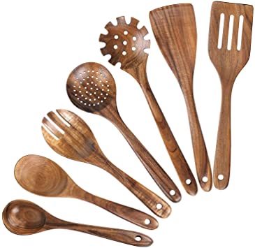 Wooden Kitchen Utensils set, Non-stick Wooden Spoons for Cooking, Natural Teak Non Scratch Wood Kitchen Spoons and Spatulas Set for Cooking(7)