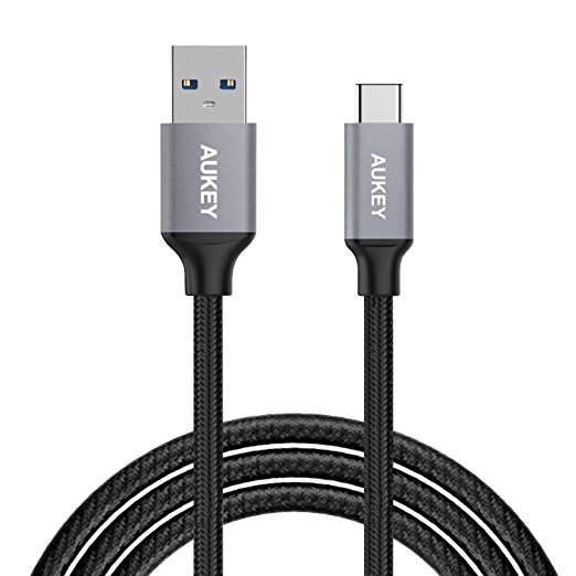 AUKEY USB C Cable to USB 3.0 A 2M / 6.6ft Nylon Braided Grey USB 3.1 Type C Data Transfer & Charging Cable for the New MacBook 2015, Nexus 5X, OnePlus 3, Huawei P9, Samsung Galaxy Note 7 and other USB C Supported Devices