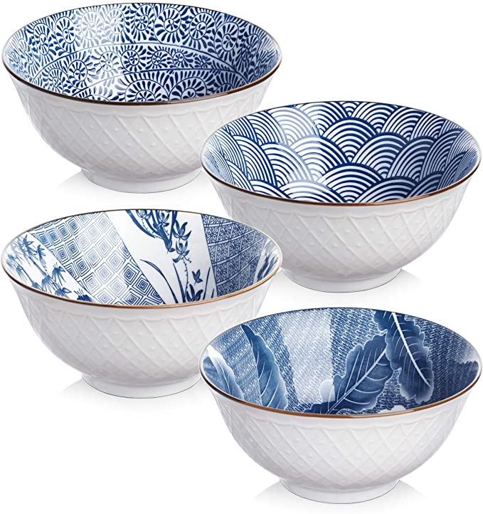 Y YHY Cereal Bowls, Ceramic Bowls for Soup, Salad, Pasta, Rice, 24 Ounces Ramen Bowls, Microwave Dishwasher Safe, Assorted Blue White Patterns, Set of 4
