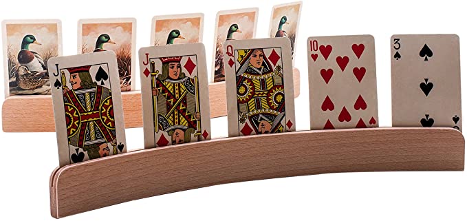 GrowUpSmart Playing Card Holder (Set of 4) 4 x 14 Premium wooden holders [Elegant, Curved Design, Natural Wood Finish, Table top Free Standing] Handsfree Card Playing for Kids, Adults, Seniors