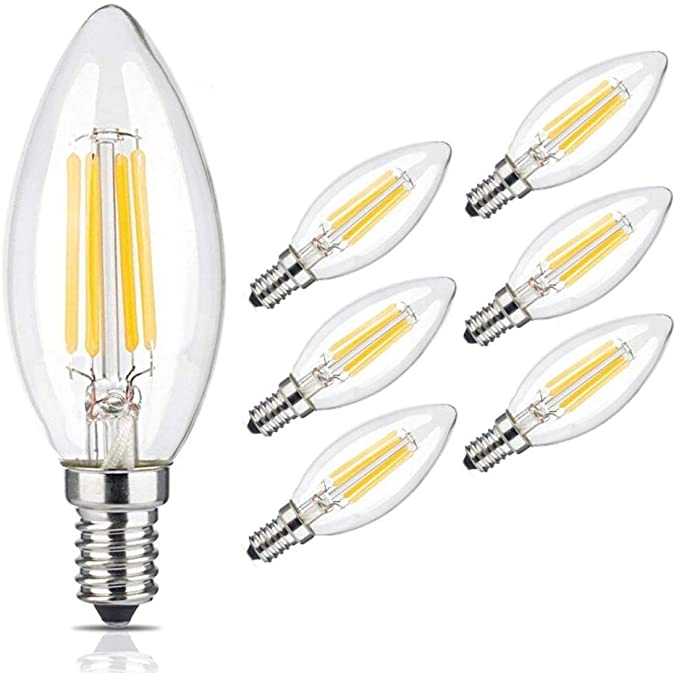 Goodia Torpedo Shape Candelabra LED Bulbs, Clear Glass Bullet Top Candle Bulbs 4W E12 Base Vintage Lamp for Indoor Chandelier Or Outdoor Lighting, 6 Pack - 2700K Warm White