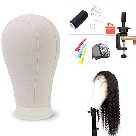 Canvas Block Wig Head Mannequin Head for Wig Making Display Styling Dry Manikin Head Set Wig Head Stand Canvas Block Durable and Sturdy Mannequin Head with Mount Hole for Making Wigs Head with Stand (22")