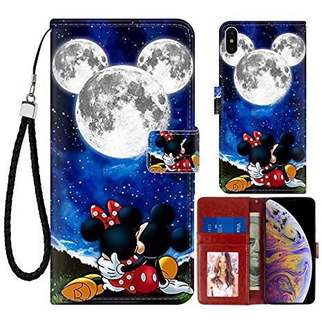 DISNEY COLLECTION Wallet Case for iPhone Xs Max 6.5" Mickey and Minnie are Dating Pattern Design Magnetic Closure [Stand Feature] Folio Flip Cover with Card Holder and Wrist Strap Protective Cover