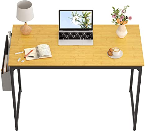 CubiCubi Study Computer Desk 40" Home Office Writing Small Desk, Modern Simple Style PC Table, Black Metal Frame, Bamboo