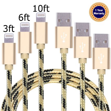 Jricoo 3pcs 3FT 6FT 10FT Lightning Cable Popular Nylon Braided Charging Cable Extra Long USB Cord for iphone 6s, SE, 6s plus, 6plus, 6,5s 5c 5,iPad Mini, Air,iPad5,iPod on iOS9.(gold black).