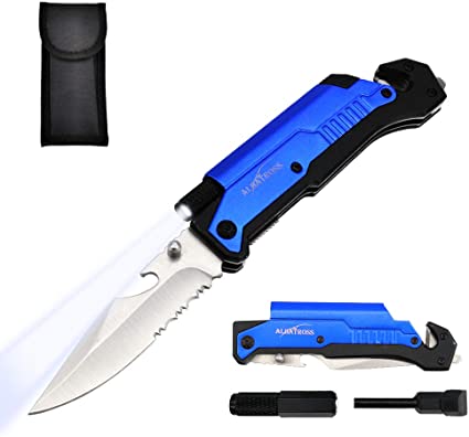 Albatross 6-in-1 Camping Hiking Multi-Function Folding Pocket Knife with LED Light,Rope Cutter,Glass Breaker,Fire Starter,Bottle Opener