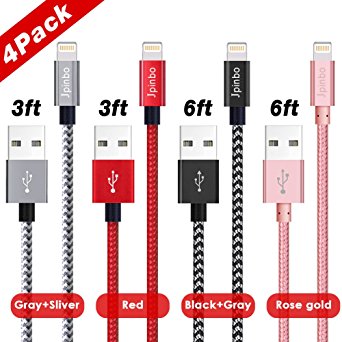 iPhone Cable Jpinbo,4Pack 3FT 3FT 6FT 6FT Nylon Braided Cord Lightning Cable Certified to USB Charging Charger for iPhone 7,7 Plus,6S,6 Plus,SE,5S,5,iPad,iPod NanoColorful 4pcs(3ft/3ft/6ft/6ft)