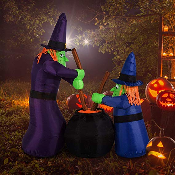 Kemper King 6 Foot Halloween Inflatable Airblown Double Witches with Bubbling Cauldron Lighted for Yard Garden Indoor and Outdoor Decoration