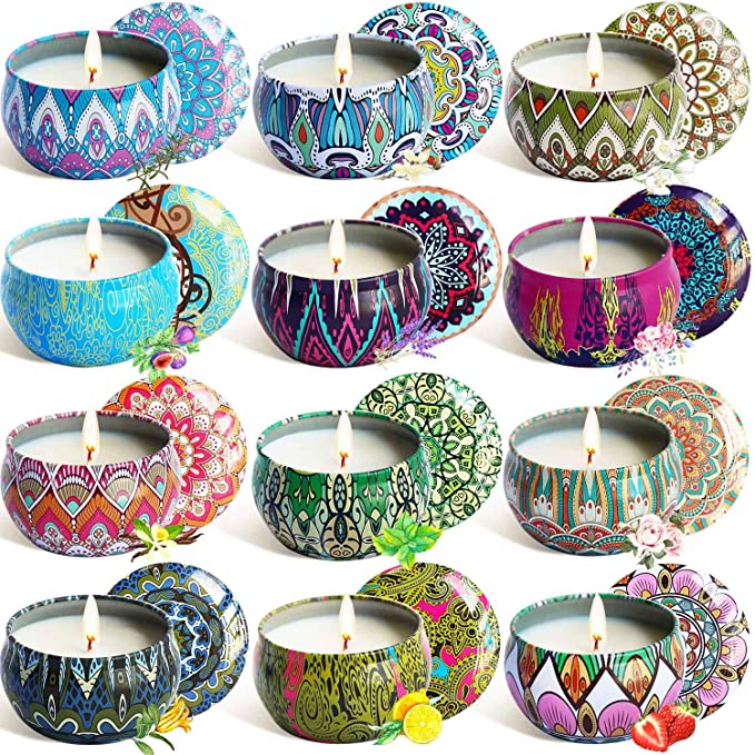 Scented Candles Gift Sets, Natural Soy Wax Aromatherapy Candles Portable Travel Tin Candles Women Gift with Fragrance Essential Oil, 2.5 Oz 20 Hour Burn Time Per Candle for Bath Yoga Home 12 Pack