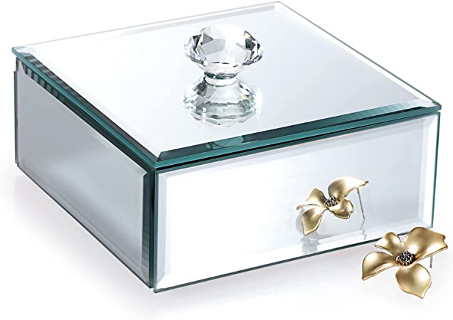 Hipiwe Silver Glass Mirrored Jewelry Box with Crystal Handle Square Trinket Organizer Treasure Chest Case Classic Keepsake Box for Storage Rings Earrings Necklace Bracele (Small, Silver)