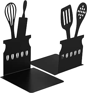 Black Kitchen Bookends 5.9 x 3.9 x 3.9 Inch Spoon Decorative Cookbook Metal Book Ends with Non-Slip Mat Metal Cookbook Storage Books Stoppers Metal Kitchen Cookbook Holder for Shelves Kitchen Book