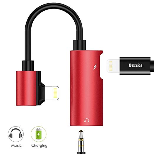 Benks Compatible with 2-in-1 Splitter Charger Adapter Cable for Apple Lightning and 3.5mm Earphone Jack Ports [Support iOS 12] for iPhone X XS Max XR 10 8 7 Plus (Red)