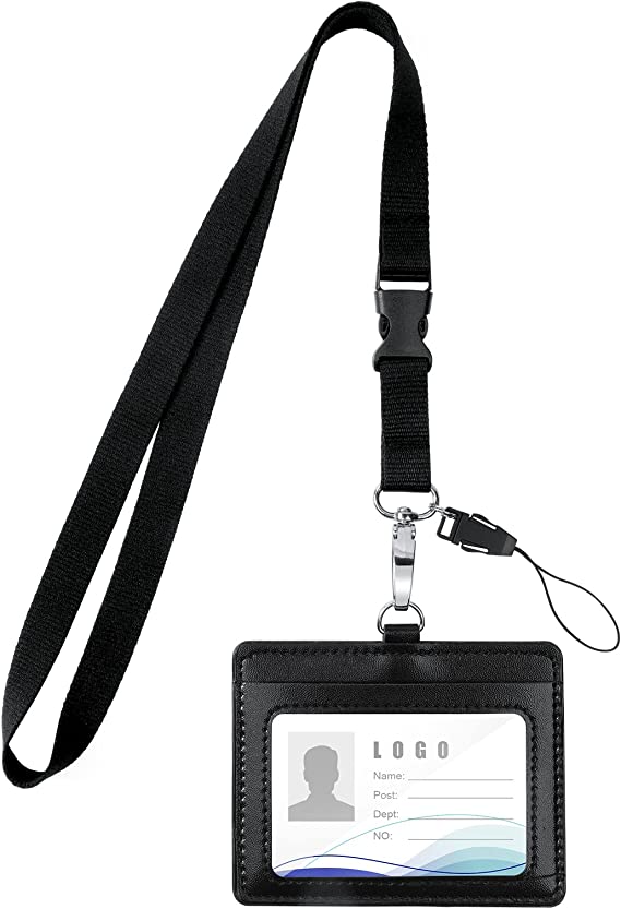 Vicloon Card Holder with Lanyard, 2-Sided PU Leather ID Badge Holder with ID Window and Card Slot Neck Lanyard Strap Office Lanyard Detachable Lanyard ID Badge Holder for Keys(Black)