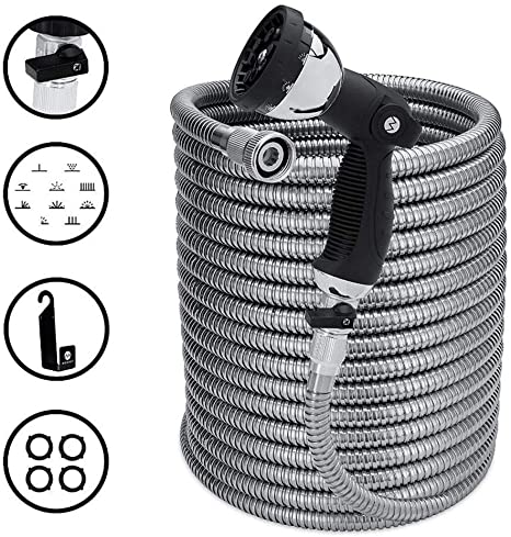 Morvat 50 Foot Stainless Steel Garden Hose with Shut-Off Valve, Metal Water Hose 50ft, Resistant to Tangles and Punctures, Heavy Duty Garden Hose 50 Ft Includes: Spray Nozzle   Metal Hose Hanger