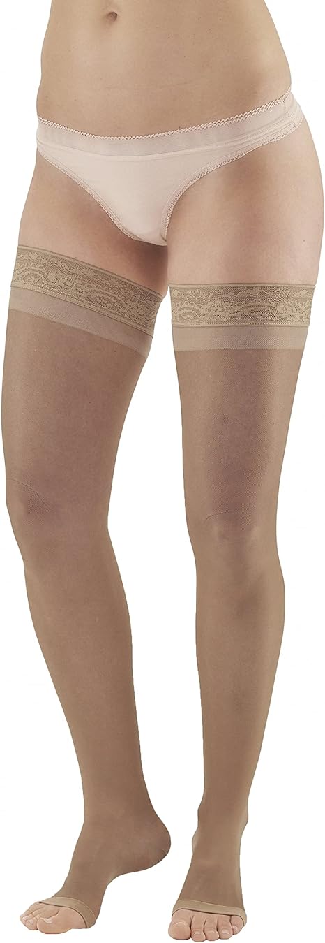 Ames Walker AW Style 48 Sheer Support 20-30 mmHg Firm Compression Open Toe Thigh High Stockings w/Top Band Nude Medium