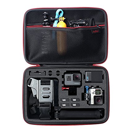 Large Carrying Case for GoPro HERO5, 4,  LCD, Black, Silver, 3 , 3, 2 and Accessories by HSU with Fully Customizable Interior Carry Handle and Carabiner Loop - Portable and Shockproof