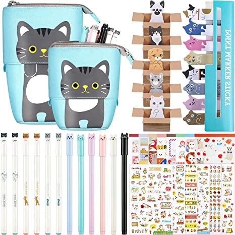 417 Pcs Cute Cat Stationery Set Xmas Cat Transformer Stand Pencil Pouch Case Bag Gel Ink Pen Sticky Memos Notes Cat Album Sticker Bookmark Page for School Office (Blue Cat Style)