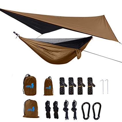 SEEU Camping Hammock with Mosquito Net, Rain Fly, Rope Straps, and Compression Sack Lightweight Portable Single Hammock
