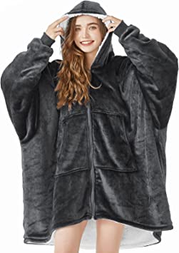 TOPCEE Oversized Blanket Hoodie Sweatshirt with Zip, Cozy Warm Hooded Sherpa Fleece Wearable Blanket, Louging Blanket with Giant Pocket, Gifts for Adults Girlfriend Wife Mom and Daughter. (Dark Grey)