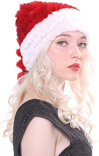 URSFUR Santa Hat for Adults Marry Christmas Beanie Winter Slouch Skull Rabbit Fur Hats with Pompom