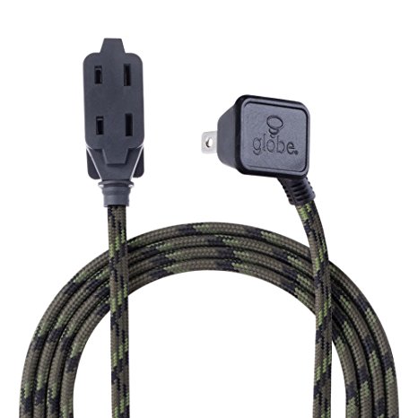 Globe Electric 22838 Designer Series 9ft Fabric Extension Cord, 3 Polarized Outlets, Right Angle Plug, 125 Volts, Camouflage, Camo