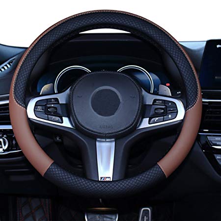 SHIAWASENA Car Steering Wheel Cover, Genuine Leather, Universal 15 Inch Fit, Anti-Slip & Odor-Free (Black&Brown)