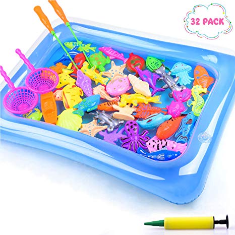 DC-BEAUTIFUL 32 Piece Fishing Toy Baby Bath Toy Magnetic Net Fishing Game Fishing Learning Education Play Set Outdoor Fun Best Gift for Children Fishing Game for Kids Party Favors