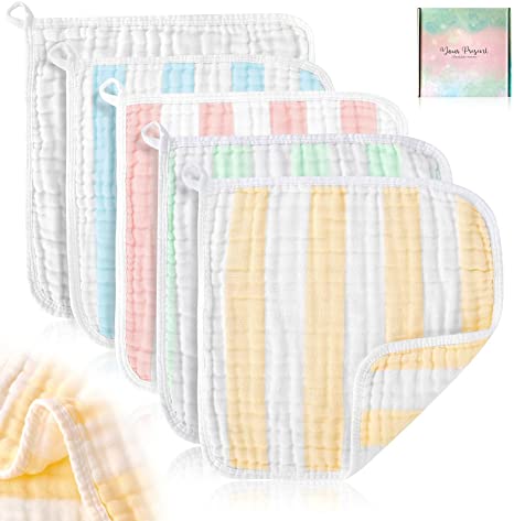Muslin Baby Washcloths ,HardNok 6-Layer Muslin Face Towel ,Soft Burp Cloth,Natural Baby Wipes for Sensitive Skin, Baby Registry as Shower Gift (5 Pack 12 x 12,Multicolored)