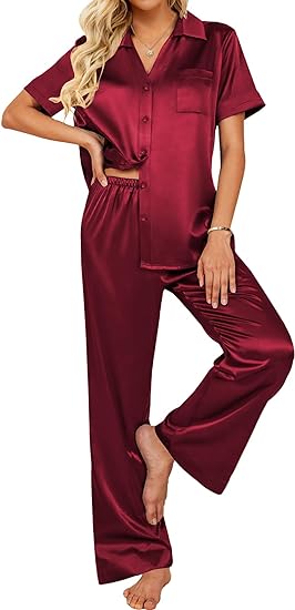 Ekouaer Womens Satin Pajamas Set Button Down Shirts Short Sleeve Sleepwear V-Neck Loungewear Pants with Pockets S-XXL