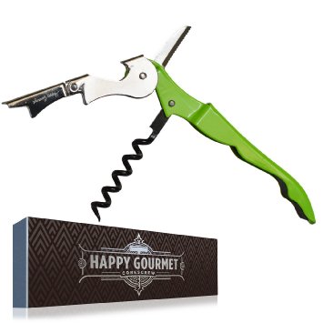 Waiters Corkscrew by Happy Gourmet Kitchenware - All-in-one Corkscrew, Wine Opener, Bottle Opener and Foil Cutter (Green)