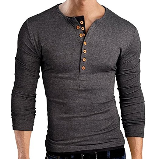 Pishon Men's Henley Shirt Long Sleeve Slim Fit Plain Button Cotton Casual Shirts