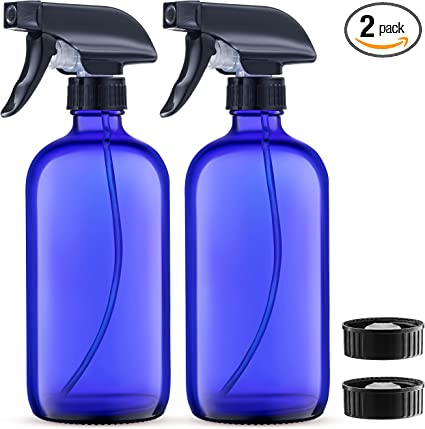 Blue Cobalt Glass Spray Bottles, 16-Ounce (2-Pack) Refillable Glass Sprayer Container with Durable Leakproof Trigger Sprayer Mist/Stream/Lock for Cleaning Products, Essential Oils, Aromatherapy, Water