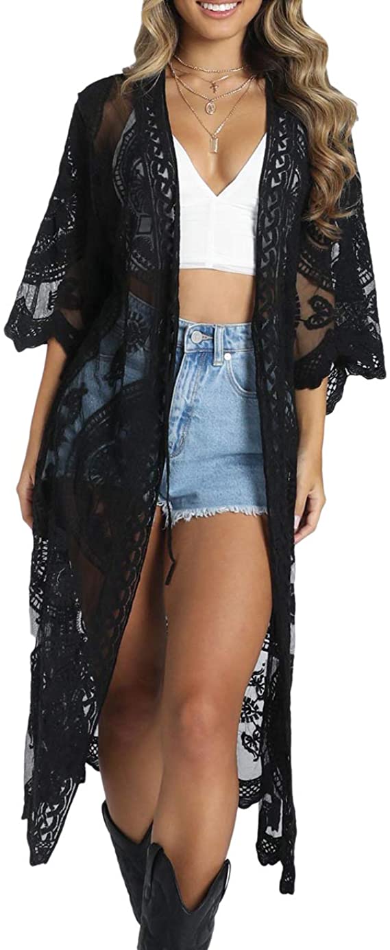 Bsubseach Women Sexy Open Front Beach Cover Up See Through Kimono Cardigan