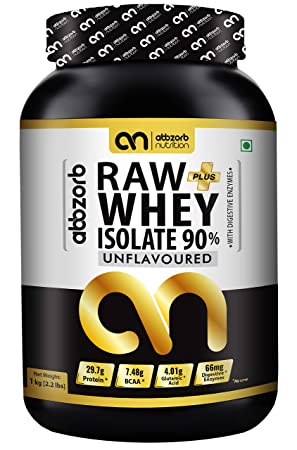 Abbzorb Nutrition Raw+ Whey Isolate 90% 29.7g Protein | 7.4g BCAA with Digestive Enzymes 1 kg