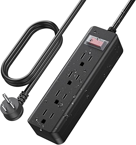 CCCEI Outdoor Waterproof 6 FT Flat Plug Extension Cord Power Strip,1500J Surge Protector Weatherproof Indoor Exterior Multiple Outlet, 6 Foot Extra Long, 3 Prong, 4 Outlets, Black. (Black, 6FT)