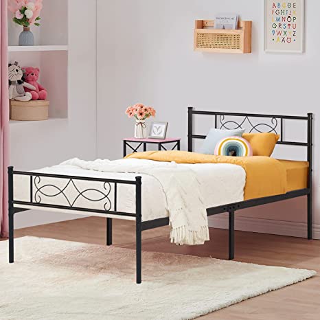 VECELO 12" Black Metal Twin Size Bed Frame with Headboard & Footboard Premium Steel Slat Support No Box Spring Needed Noise-Free Anti-Slip Easy Assembly