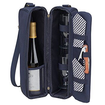 Picnic at Ascot - Deluxe Insulated Wine Tote with 2 Wine Glasses, Napkins and Corkscrew - Navy