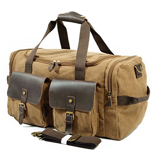 SUVOM Leather Overnight Duffle Bag Canvas Travel Tote Duffel Weekend Bag Luggage