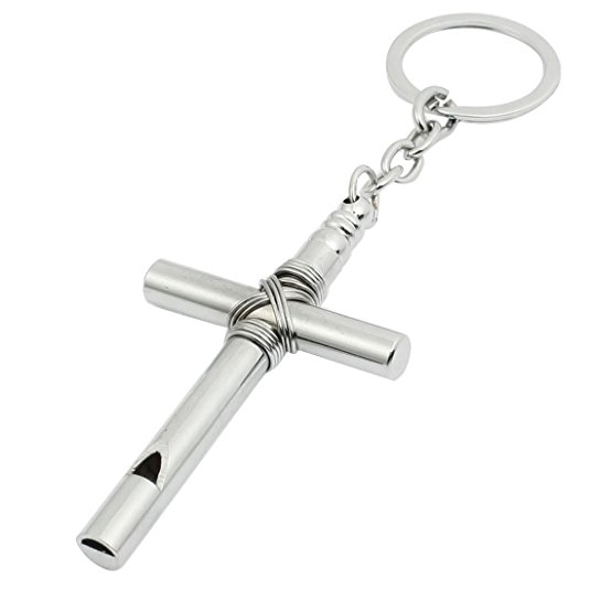 Silvery Cross Pendant Keychain w/ Whistle Clasp