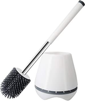 Topsky TPR Toilet Brush and Holder, Silicone Toilet Bowl Brush and Cleaning Tweezers for Bathroom, Stainless Steel and Plastic Handle (White & Grey)