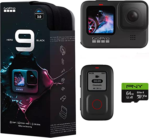 GoPro HERO9 Black   Smart Remote   PNY Elite-X 64GB microSDHC Card Adapter-UHS - Waterproof Action Camera with Front LCD and Touch Rear Screens, 5K Ultra HD Video, 20MP Photos