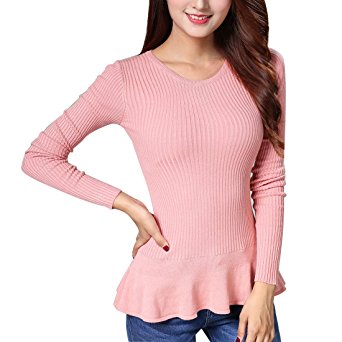 JET-BOND Knit Sweater Long Sleeve Peplum Ham T-Shirt for Women FS66 Short Tops Elastic Slim Fit Round Neckline