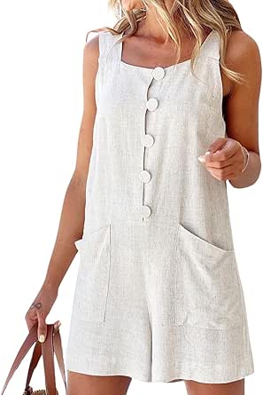 CHARTOU Women Shorts Overall Front Button Cotton Linen Summer Wide Leg Shorts Romper