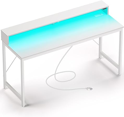 Rolanstar Computer Desk 59 inch with LED Lights & Power Outlets, Home Office Desk with Monitor Shelf, Gaming Desk, Writing Desk, Study Desk for Student & Kids, White