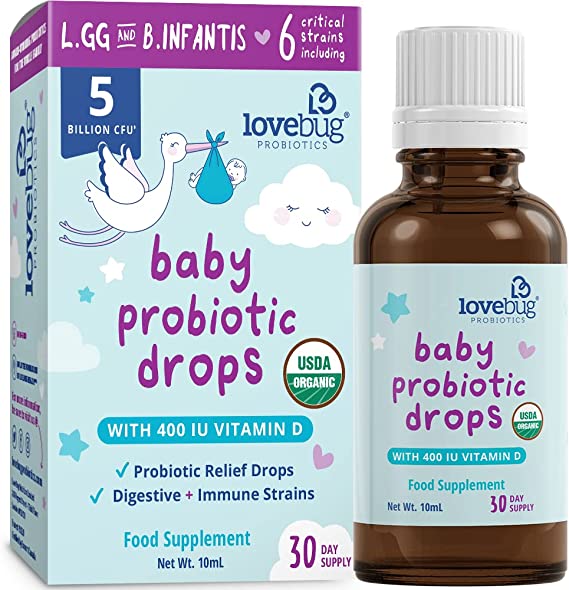 LoveBug Probiotics Baby Drops for 0  Months, 10 ml (30-Day Supply) 5 Billion CFU with L GG, B Infantis USDA Organic, Allergen-Free, Non-GMO, Vegan