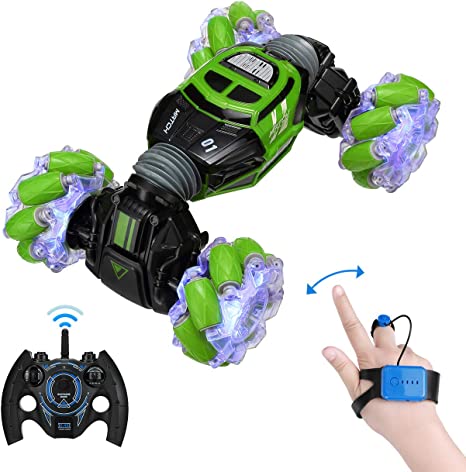Powerextra RC Stunt Car, 4WD 2.4GHz Remote Control Car, Watch Gesture Sensor Car, Double Sided Rotating Off Road Vehicle 360° Flips with 2 Batteries, Deformable Electric Car Kids Toy Cars - Green