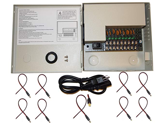 Evertech 9 Channel Output 12V DC CCTV Distributed Power Box with 9 Pcs. DC Pigtail for Security Camera Power Supply
